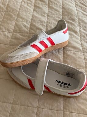 Adidas Kids Red and White Mary Jane Sambas
